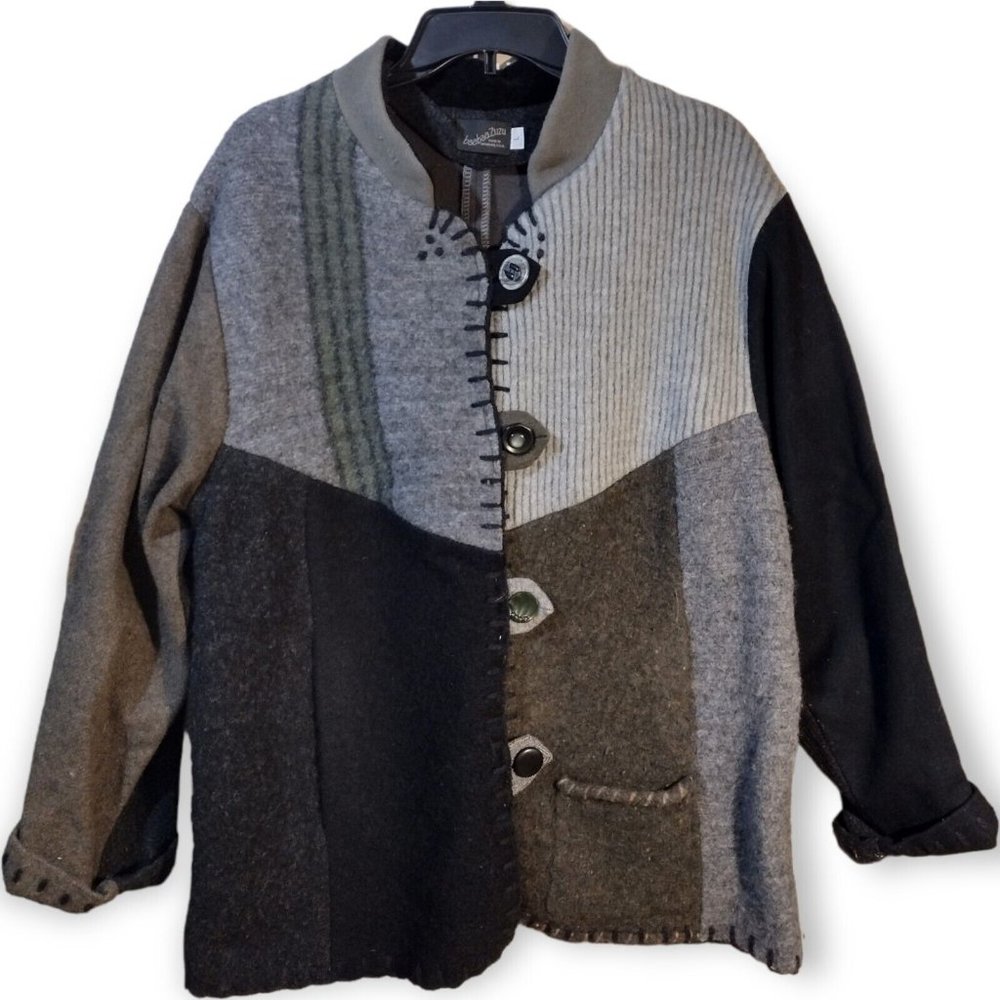 VTG BaabaaZuzu Women's Large Upcycled Wool Jacket Coat Patchwork Made In MI USA - Picture 1 of 9
